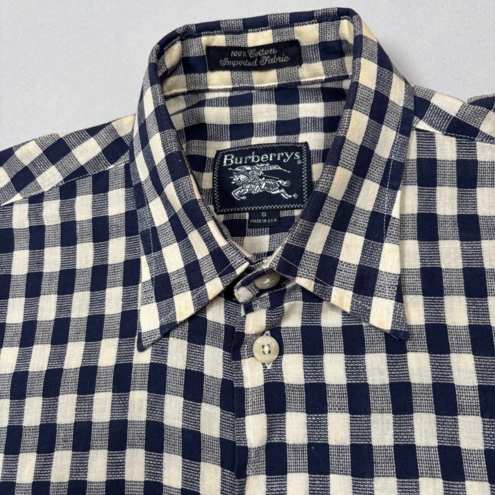 Burberrys Button Down Shirt Mens S Navy White Gingham Check Short Sleeve Vintage